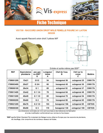 Raccord union droit 33x42 (1"1/4) Mâle/Femelle Laiton Figure 341