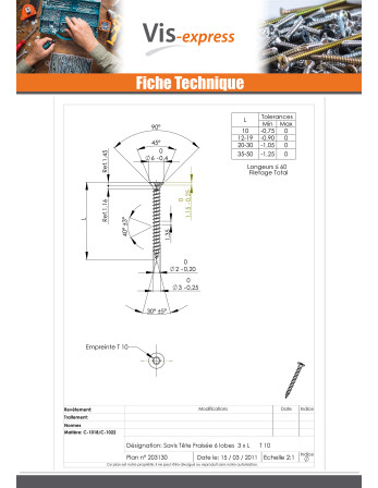 VBA Vis bois agglo Tête fraisée TORX T10 3X40 Filetage partiel Acier zingué microvis
