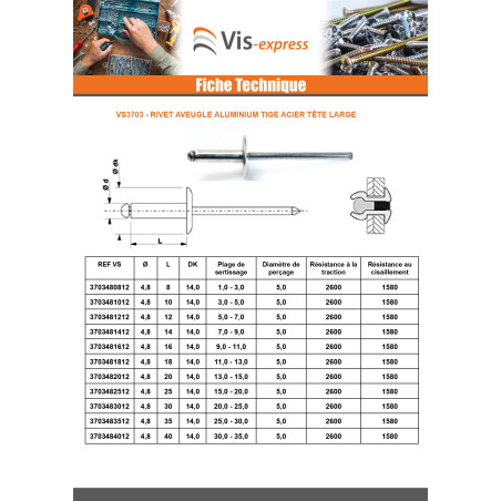 1 x Rivet aveugle Aluminium Tige acier 4.8X40 Epaisseur de serrage 30 à 35 Tête large ALX