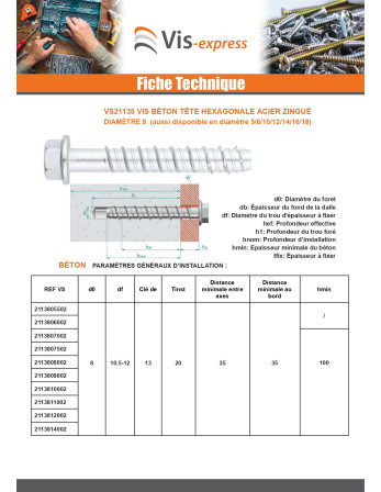 Vis béton Tête hexagonale TH Embase collerette T13 8X110 Acier zingué
