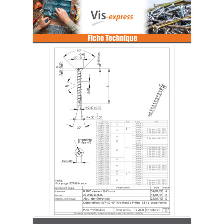 1 x Vis pvc Tête fraisée bombée TFB Phillips 4.3X35 Acier zingué RAL1015 ivoire clair