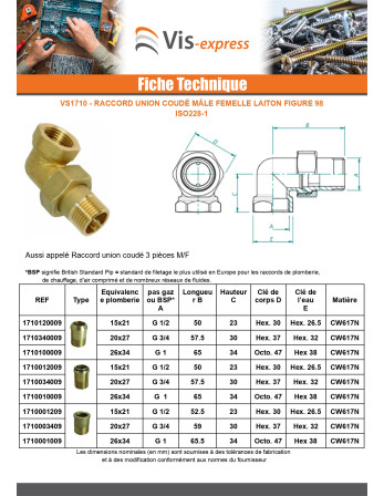 Raccord union coudé plat 20x27 (3/4") Mâle/Femelle Laiton Figure 97