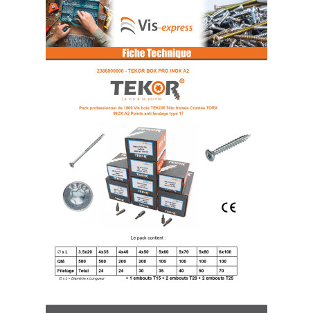 1 x TEKOR PACK PRO 1800 Vis Tête fraisée Cranté TORX Inox A2