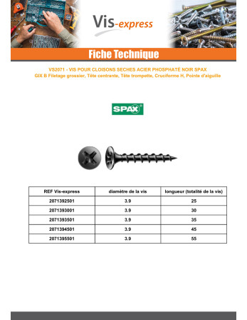Vis pour plaque de plâtre Spax 3.9X25 Acier phosphate GIX-B