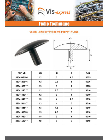 Cache tête de vis Polyéthylène Diamètre de tête: 12 Diametre de tige 3 Longueur tige 6.5 RAL8022