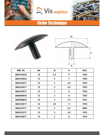 Cache tête de vis Polyéthylène Diamètre de tête: 12 Diametre de tige 3 Longueur tige 6.5 RAL8022