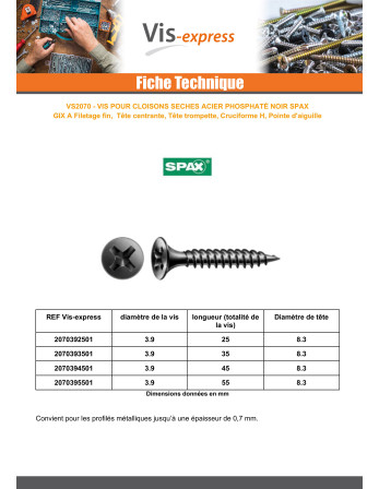 Vis pour plaque de plâtre Spax 3.9X35 Acier phosphate GIX-A