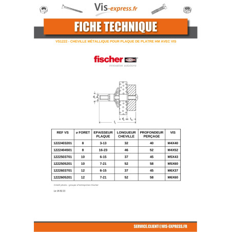 1 x Cheville METAL Fischer Hexagonal bas HM 6X37 Avec Vis