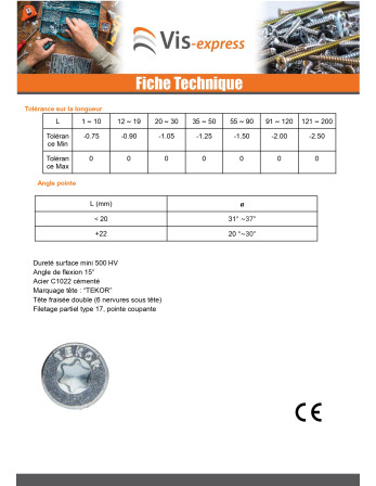 Vis bois TEKOR Tête fraisée Cranté 6X70 Filetée sur 42 TORX T30 Acier zingué noir Pointe antifendage type 17