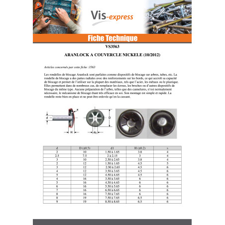 1 x Rondelle de blocage avec capuchon ARANLOCK pour axe de diamètre 8 capuchon de 16 Acier nickelé