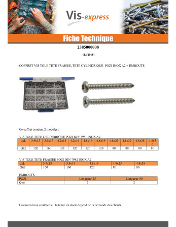 Assortiment de 1684 Vis tôle Tête fraisée Tête ronde TR Pozi Inox A2 Embout
