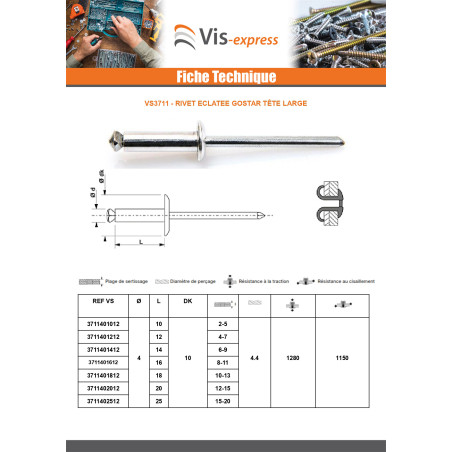 1 x Rivet aveugle éclate GOSTAR Aluminium Tige acier 4.8X14
