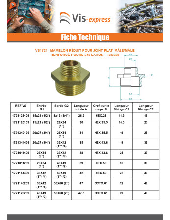 Mamelon réduit Figure 245 pour joint plat Mâle / Mâle renforcé 45x55 (1"3/4) X 50x60 (2") Laiton