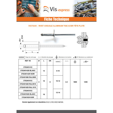 1 x Rivet aveugle Aluminium Tige acier 4X8 Epaisseur de serrage 2 à 4 Tête Ronde Standard ALX Noir