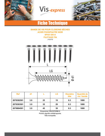 BDE 50 Vis pour plaque de plâtre Spax GIX-A 3.9X25 Acier phosphate