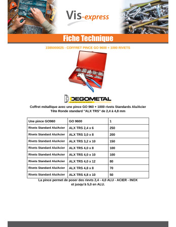 Assortiment de PINCE GO9600 + 100 Rivet DEGOMETAL