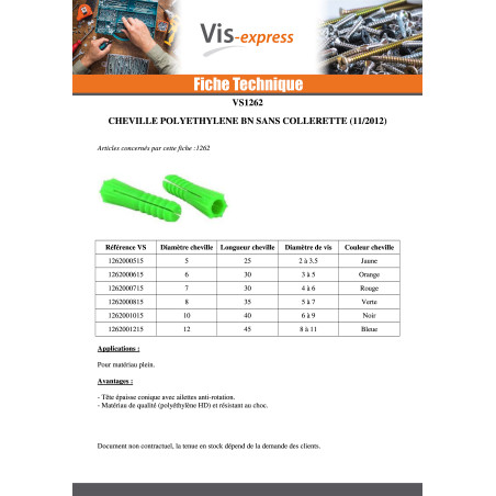 1 x Cheville POLYETHYLENE BN8 Sans Collerette