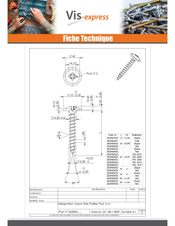 VBA Vis bois agglo Poelier Pozi N°2 4X25 Filetage total Diamètre de tête: 10 Acier zingué