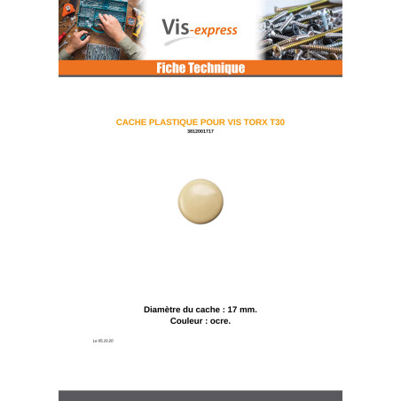 1 x Cache tête de vis TORX T30 Diamètre de tête: 17 Polyéthylène OCRE