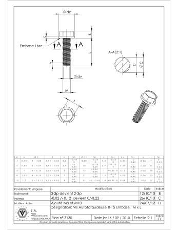 Vis autotaraudeuse Tête hexagonale TH Embase collerette Lisse M8X40 Acier zingué