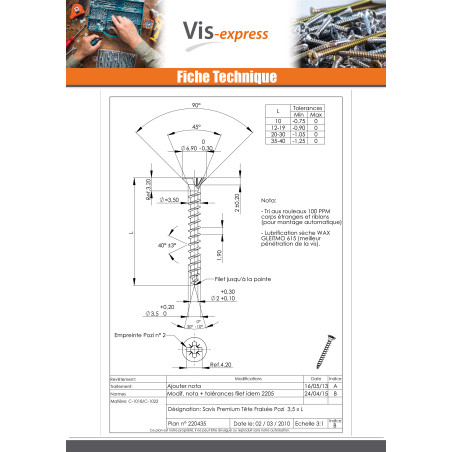 1 x VBA Vis bois agglo Premium Tête fraisée Pozi N°2 3.5X17 Acier zingué