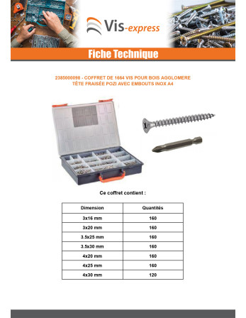 Assortiment de 1664 VBA Vis bois agglo Tête fraisée Pozi + Embout Inox A4