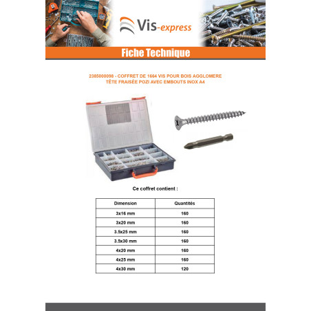 1 x Assortiment de 1664 VBA Vis bois agglo Tête fraisée Pozi + Embout Inox A4