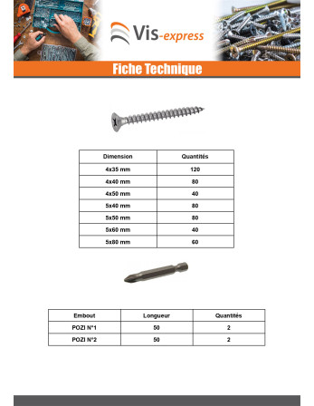 Assortiment de 1664 VBA Vis bois agglo Tête fraisée Pozi + Embout Inox A4