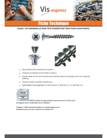 Vis Spax Tête fraisée Percée Pozi N°3 6X90 Filetée sur 61 WIROX