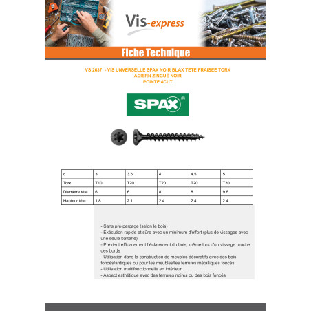 1 x Spax Vis bois Tête fraisée TORX T20 4.5X40 Filetée sur 34 Acier zingué noir