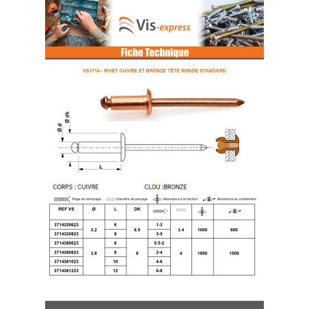 1 x Rivet TRS cuivre tige bronze 3.8X10
