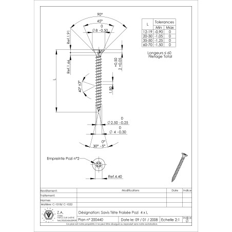 1 x VBA Vis bois agglo Tête fraisée Pozi N°2 4X25 Filetage total Acier zingué Laqué blanc RAL9010 blanc pur