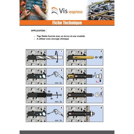 1 x Tige filetée Ancrage CHIMIQUE M8X110 Acier zingué