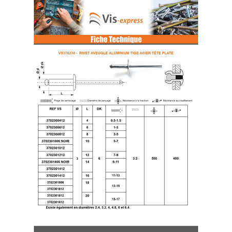 1 x Rivet aveugle Aluminium Tige acier 3X6 Epaisseur de serrage 1 à 3 Tête Ronde Standard ALX