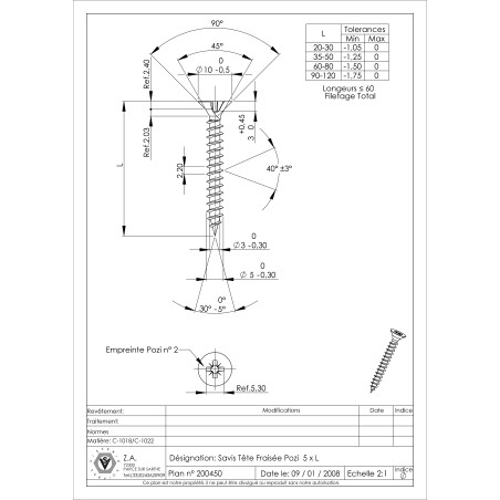1 x VBA Vis bois agglo Tête fraisée Pozi N°2 5X25 Filetage total Acier zingué
