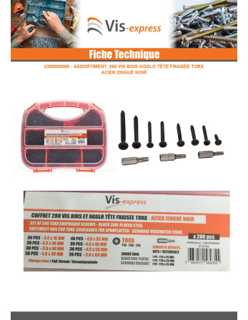 Assortiment de 280 VBA Vis bois agglo Tête fraisée TORX Acier zingué noir Embout