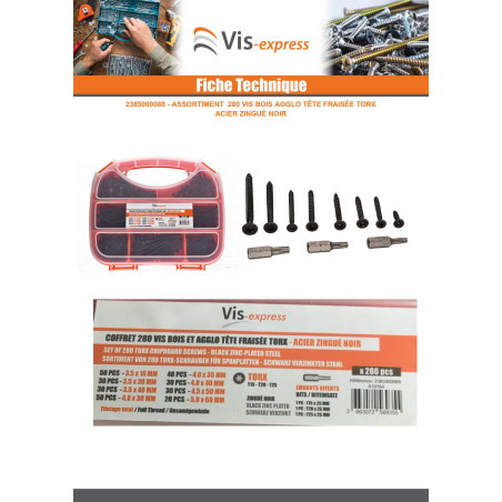 1 x Assortiment de 280 VBA Vis bois agglo Tête fraisée TORX Acier zingué noir Embout