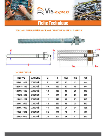 Tige filetée Ancrage CHIMIQUE M12X220 Acier zingué