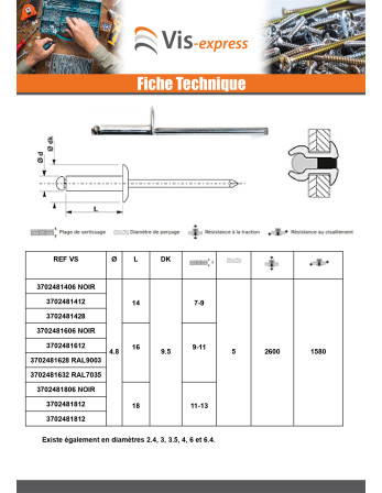 Rivet aveugle Aluminium Tige acier 4.8X50 Tête Ronde Standard ALX