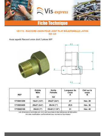 Raccord union plat Mâle/Femelle 20x27 (3/4") X 26x34 (1") Laiton