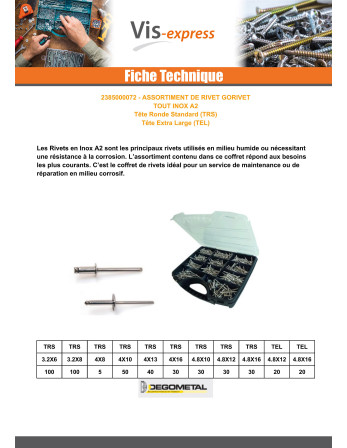 Assortiment de 500 Rivet GORIVET Inox A2 DEGOMETAL