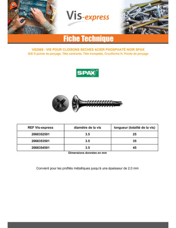 Vis pour plaque de plâtre Spax 3.5X25 Acier phosphate GIX-D
