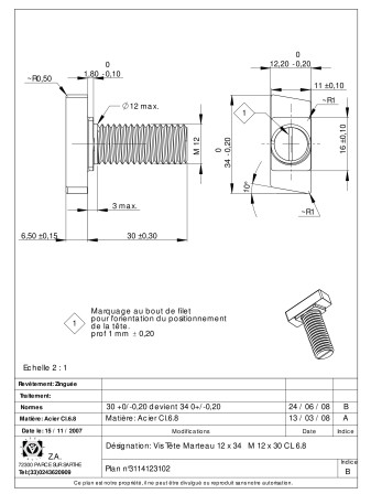 Vis métaux Tête marteau M12/30 12X34 Classe 6.8 Acier zingué