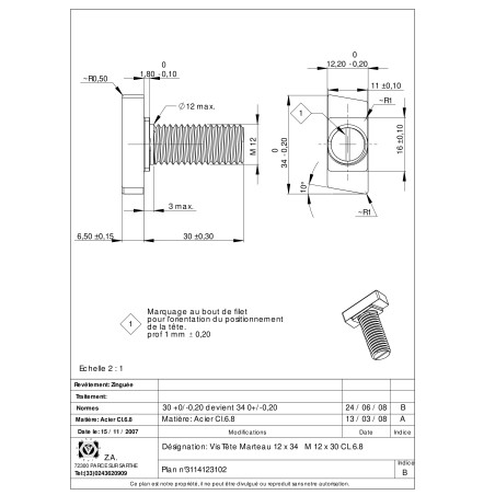 1 x Vis métaux Tête marteau M12/30 12X34 Classe 6.8 Acier zingué
