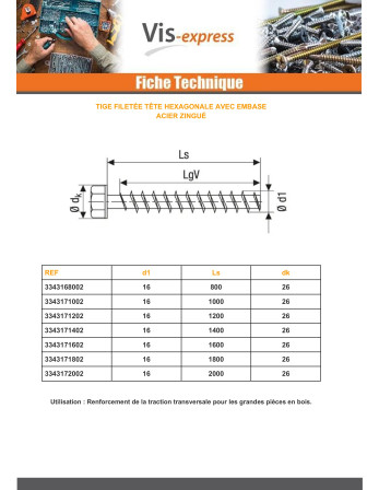 Tige filetée Tête hexagonale TH 16X1400 Acier zingué