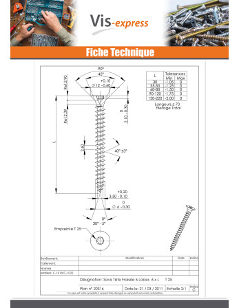 VBA Vis bois agglo Tête fraisée TORX T30 6X80 Filetée sur 48 Acier zingué