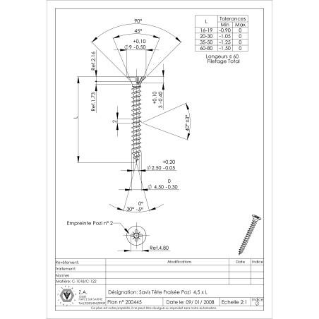 1 x VBA Vis bois agglo Tête fraisée Pozi N°2 4.5X60 Filetage total Acier zingué