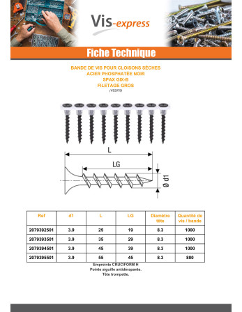 BDE 50 Vis pour plaque de plâtre Spax GIX-B 3.9X35 Acier phosphate