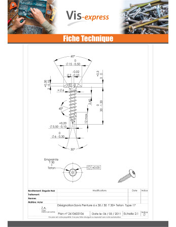 Vis Penture Inviolable 6X30 Filetée sur 30 T30+TET Pointe antifendage type 17 Acier zingué noir