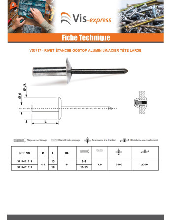Rivet Etanche GOSTOP Aluminium Tige acier Tête large 4.8X13
